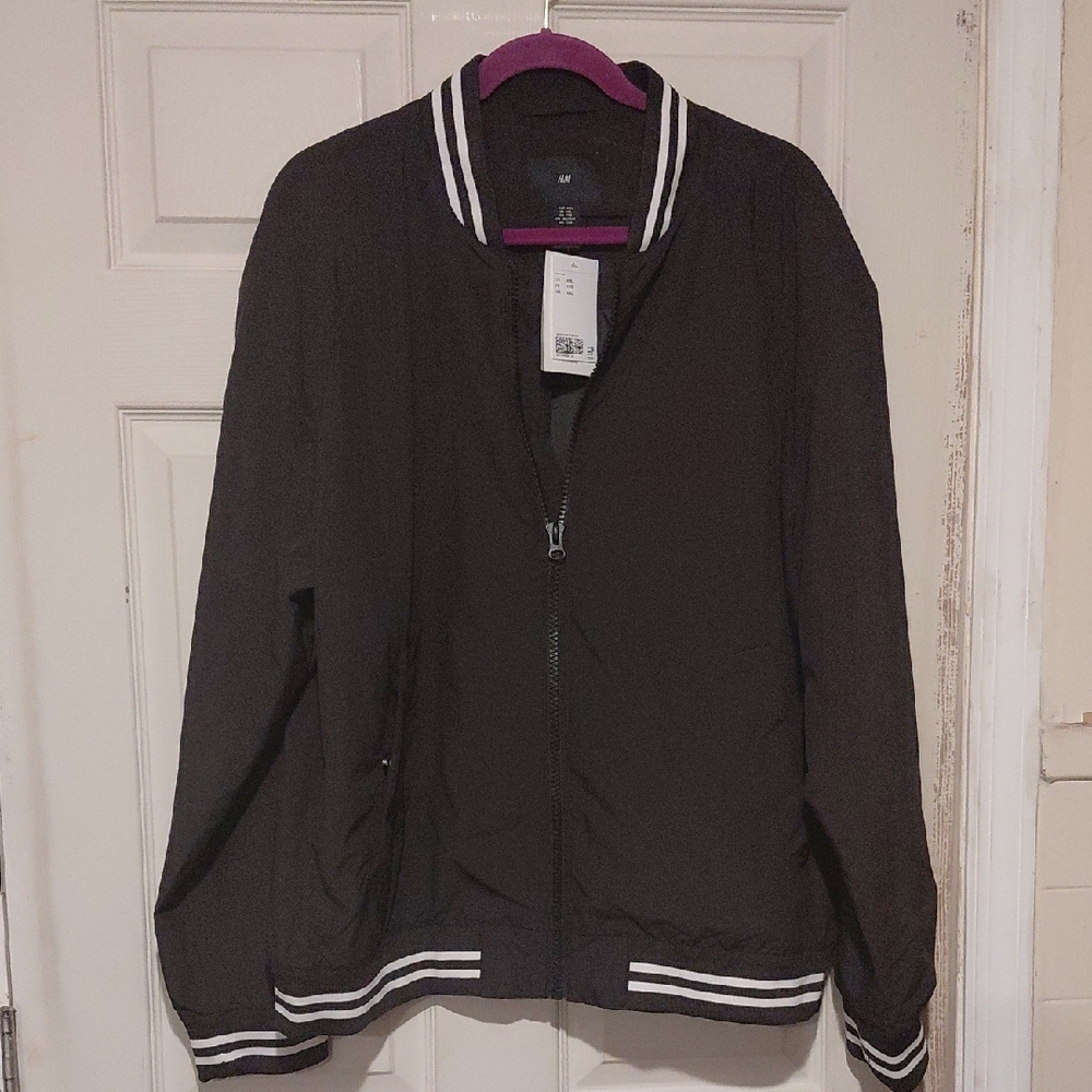 H&M Black Bomber Jacket with White Accents/stripes MENS Size XXL 100% Polyester